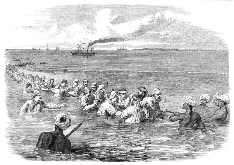 The Indo-European Telegraph: Landing The Cable in the mud at Fao, Persian Gulf, 1865. Creator: Unknown.
