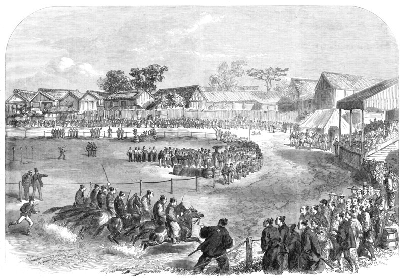 The Spring Meeting at Yokohama: race of the Japanese officers...the start..., 1865. Creator: Unknown.