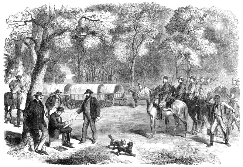 The Last Days of the Confederate Government... Mr. Jefferson Davis signing acts...by the roadside, 1 Creator: Unknown.