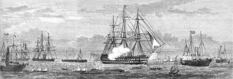 The British Channel Squadron entering Cherbourg Harbour, 1865. Creator: Unknown.