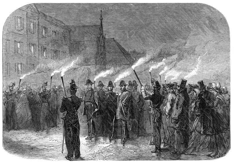 The International Naval Festival at Cherbourg: officers returning from the banquet..., 1865. Creator: Unknown.