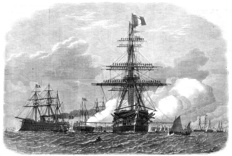 The International Naval Festival at Portsmouth: the British Admiral’s flagship...salute..., 1865. Creator: Unknown.