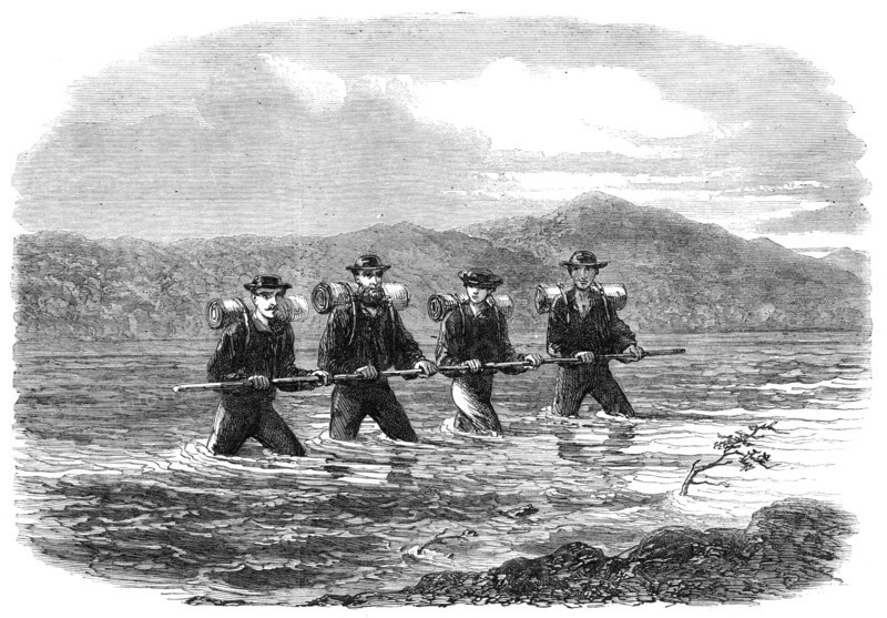 An Exploring Party on the West Coast of New Zealand: crossing the River Teramakau, 1865. Creator: Unknown.