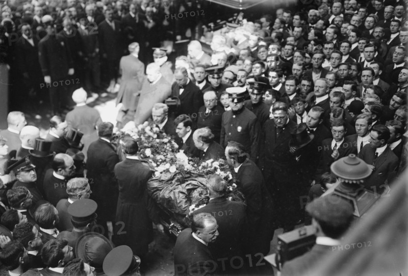 Tim Sullivan's coffin brought out, 1913. Creator: Bain News Service.