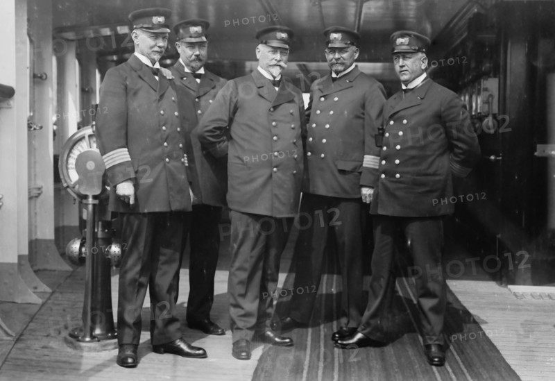 On the Imperator, Capt. H. von Meibom, Com. Ruser, Capt. A. Hoefer, Capt. H. Schetelig..., 1913. Creator: Bain News Service.