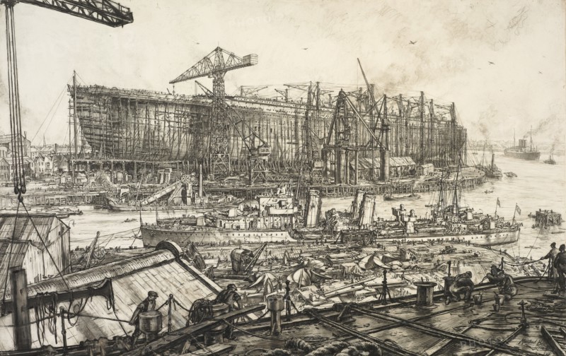 The building of the " Queen Elizabeth", John Brown's Yard, Clydebank, 1938. Creator: David Muirhead Bone.