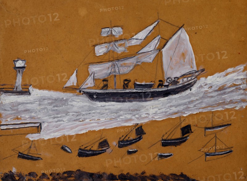 Two-master and fishing fleet,  c1930. Creator: Alfred Wallis.