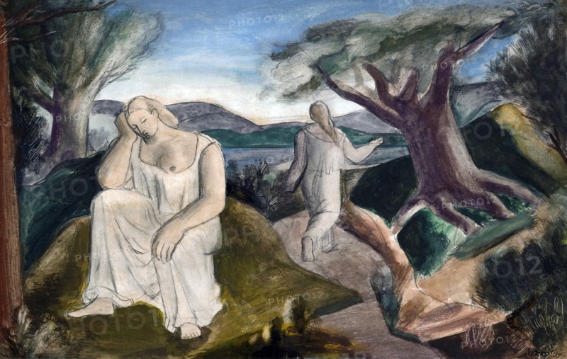 Figures in mountain landscape,  c1938. Creator: Bernard Meninsky.