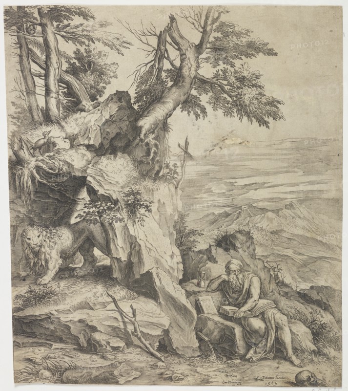 St Jerome reading in the desert, 1565. Creator: Cornelis Cort.