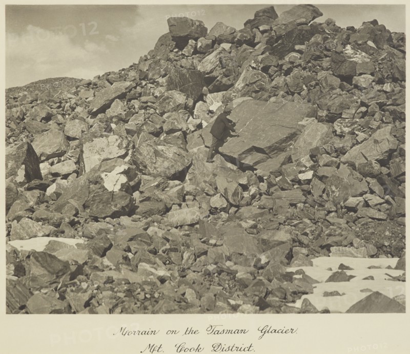 Moraine on the Tasman Glacier, Mt Cook district, 1920s. Creator: Harry Moult.