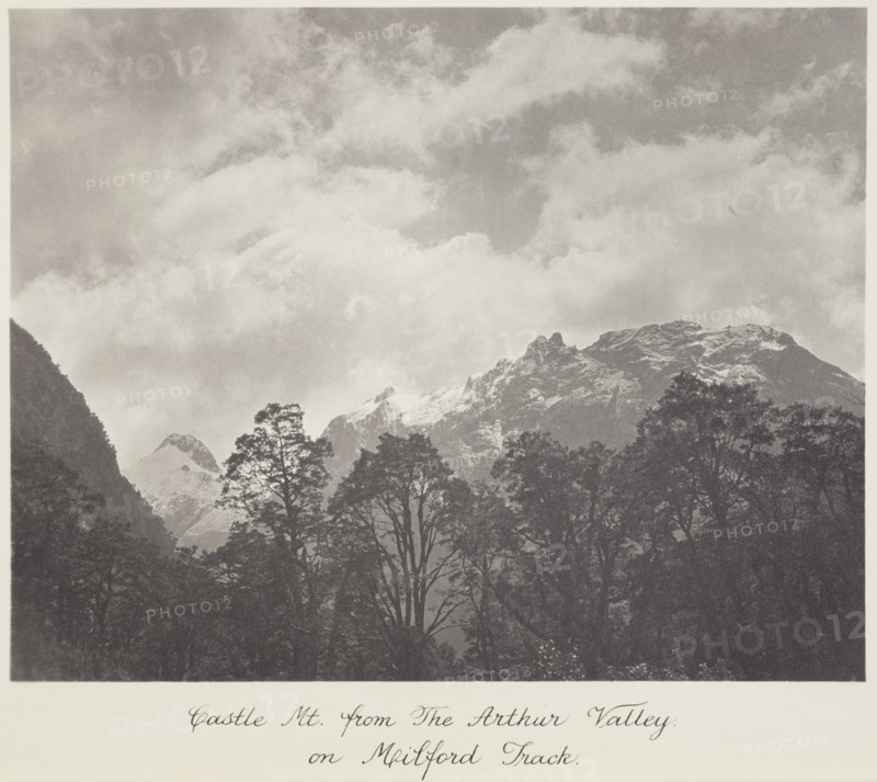 Castle Mountain from the Arthur Valley, on Milford Track, 1920s. Creator: Harry Moult.