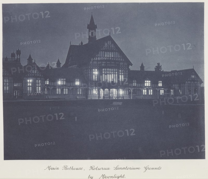 Main bathouse (sic), Rotorua Sanatorium grounds by moonlight, 1920s. Creator: Harry Moult.