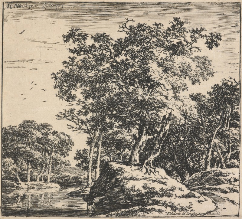 Eight landscapes. Plate 1: Two trees growing on a mound next to a pond, 1640-51. Creator: Herman Naiwincx.