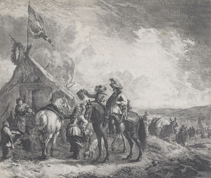 Encampments: A military encampment with a tent flying a flag,  c.1670. Creator: Jan de Visscher.