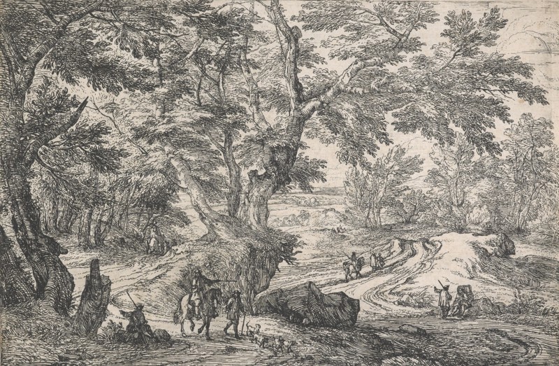 Landscape with, in left foreground, a man seated on the roadside on the edge of a wood...after 1667. Creator: Jan van Huchtenburg.