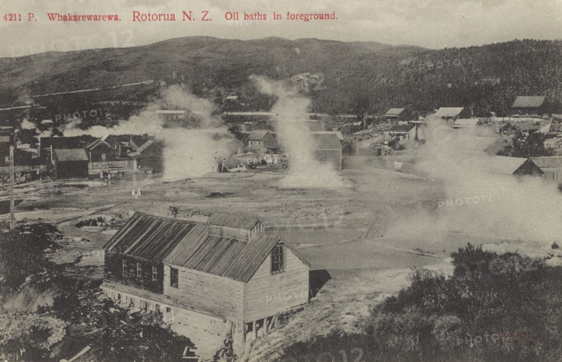 Whakarewarewa, Rotorua, New Zealand, oil baths in foreground,  1904-1915. Creator: Muir & Moodie.