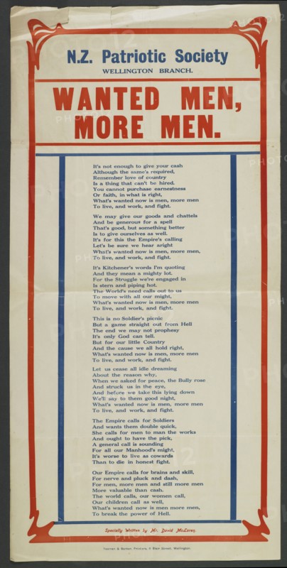 Poster, 'N.Z. Patriotic Society',  1915-1916. Creator: Yeoman & Barker.