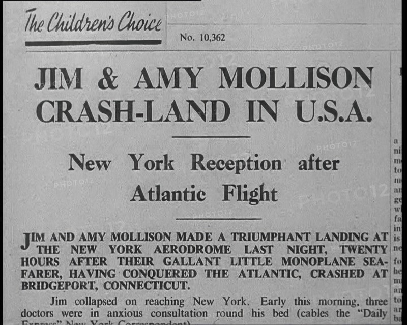 Newspaper Article with Headline Reading: 'Jim & Amy Mollison Crash-land in U.S.A..., 1933. Creator: British Pathe Ltd.