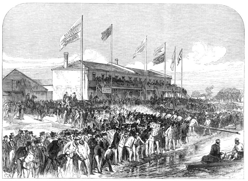 Boathouse at Putney: the Cambridge crew going out for practice, 1868. Creator: C. R..
