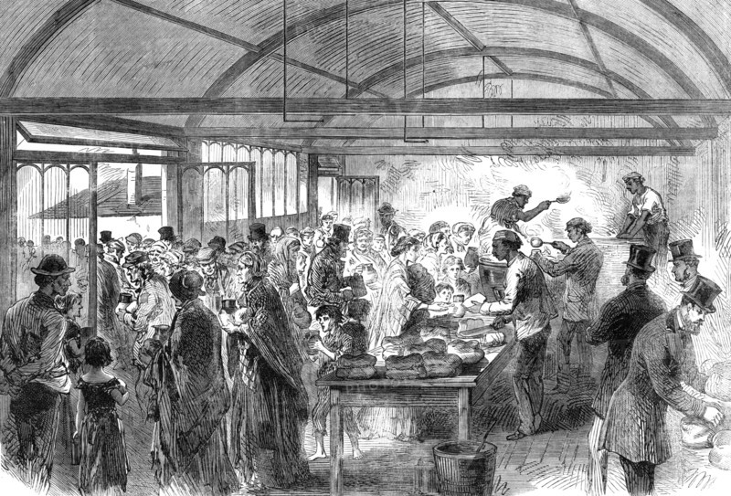 Distributing soup at the Strangers' Home, Limehouse, 1868. Creator: Unknown.