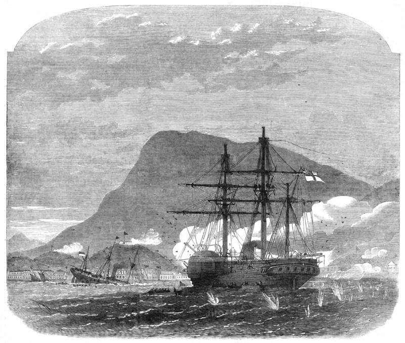 H.M S. Bulldog in conflict with the flotilla and forts at Cape Haytien, on the coast of Hayti, 1865. Creator: Smyth.