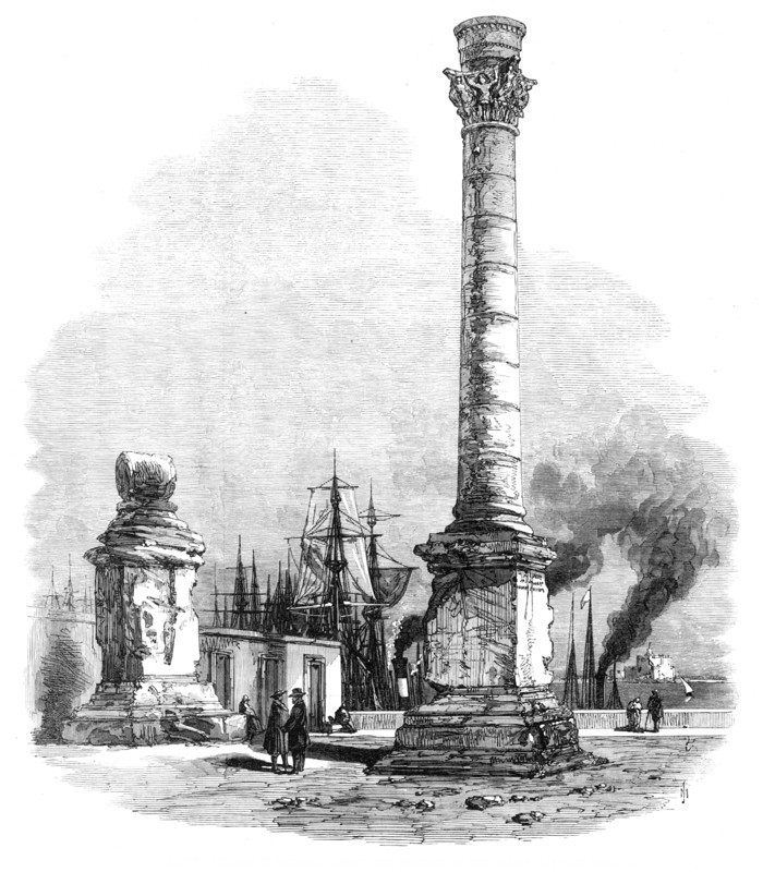 Overland route to India: the two columns at Brindisi, marking the terminus of the Appian Way, 1869. Creator: Unknown.