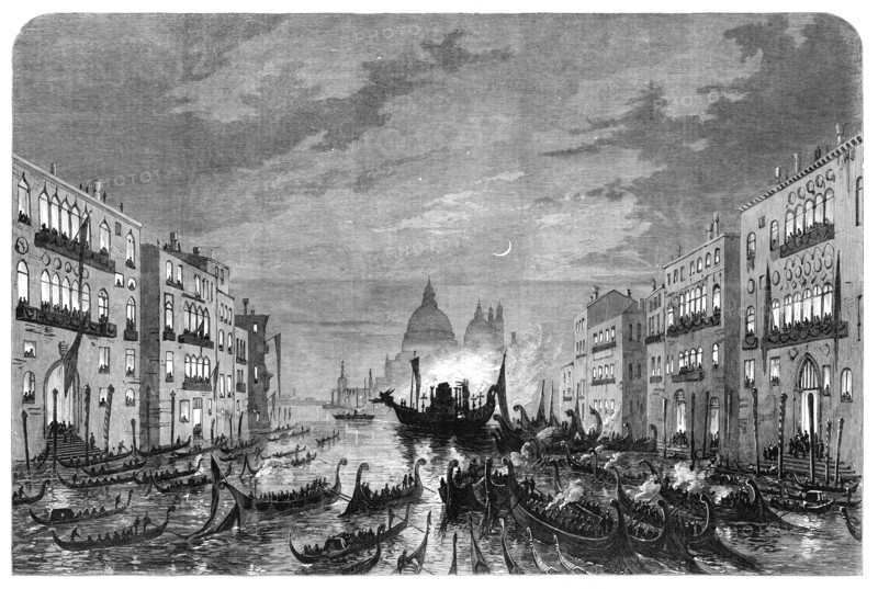 Procession of funeral gondolas with the body of Daniel Manin, on the Grand Canal, Venice, 1868. Creator: Unknown.