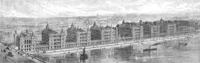 Proposed new buildings of St. Thomas's Hospital at Stangate, Lambeth, above Westminster Bridge, 1865 Creator: Unknown.