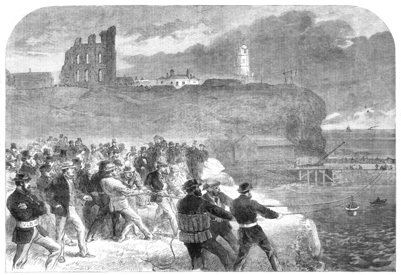 Rocket-line exercise of the Tynemouth Volunteer Life Brigade, 1865. Creator: Mason Jackson.