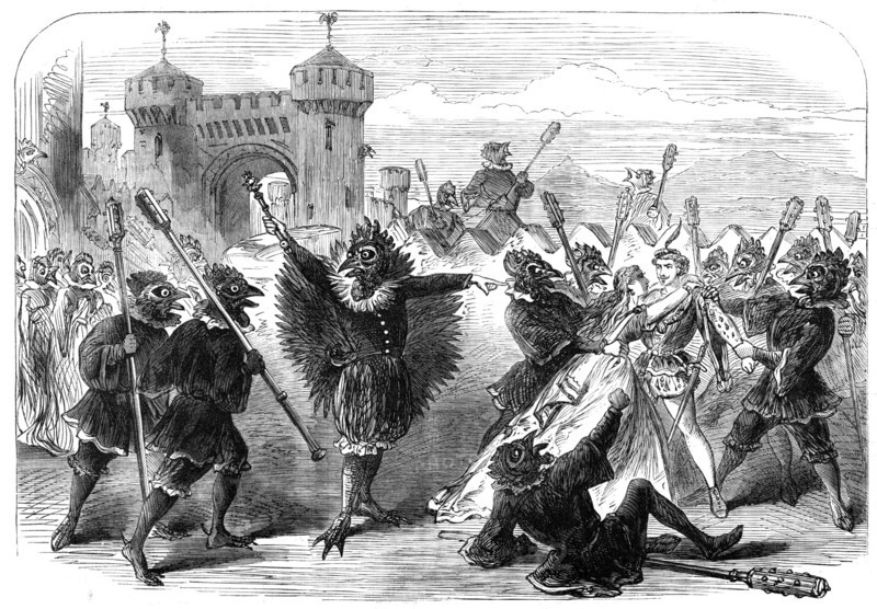 Scenes from the Christmas pantomimes:..."Cock-a-Doodle-Doo" - escape of Finfin and Rosytint..., 1865 Creator: Unknown.