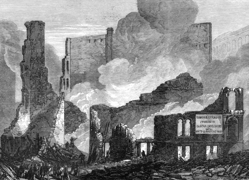 The Great Fire at Chicago: ruins on the south side of Lake-Street, 1868. Creator: Unknown.