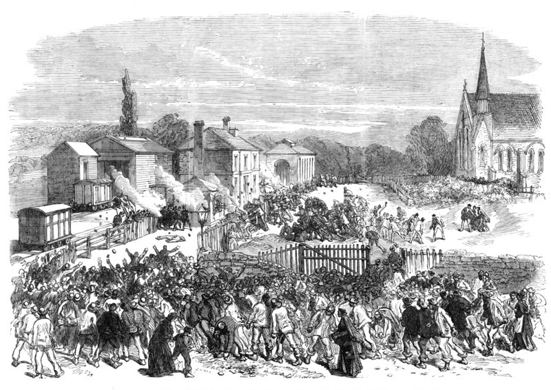 The Riot at Mold, Flintshire: attack on the soldiers at the railway station, 1869. Creator: Unknown.