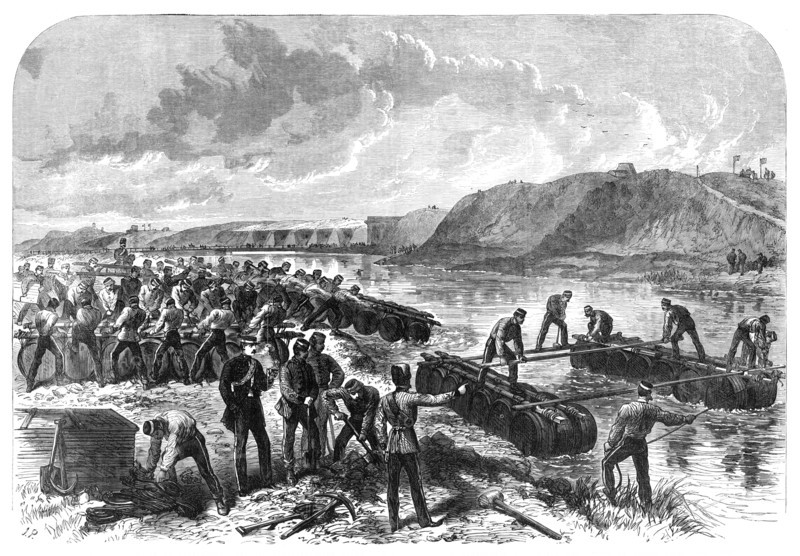 The Volunteer Review at Portsmouth: the 1st Hants Engineer Volunteers constructing a...bridge, 1868. Creator: Unknown.