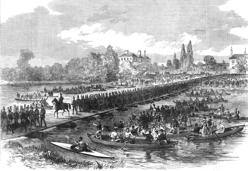 The Volunteer Review at Windsor: volunteers crossing the pontoon bridge over the Thames..., 1868. Creator: Unknown.