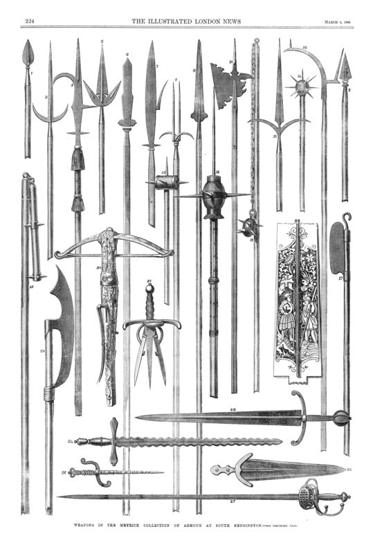 Weapons in the Meyrick Collection of armour at South Kensington, 1869. Creator: Unknown.
