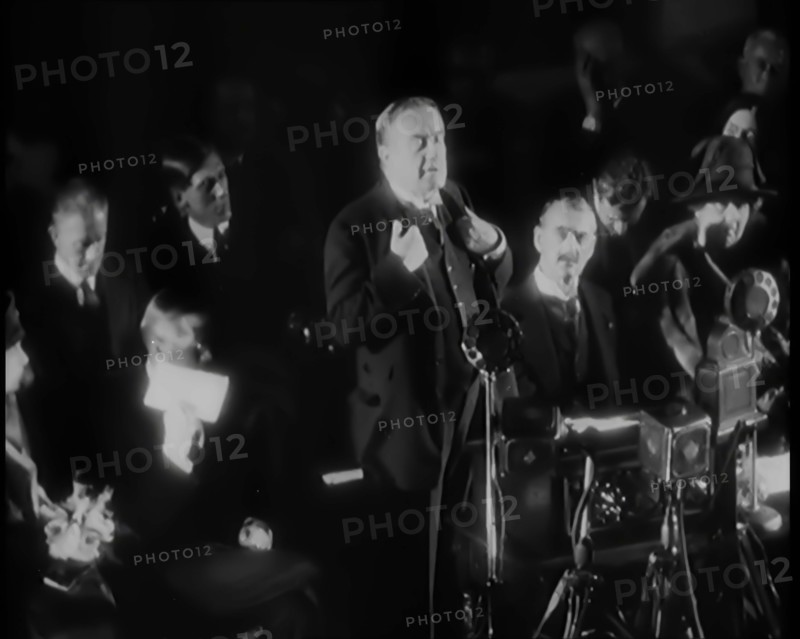 Stanley Baldwin Giving a Speech in Front of a Large Crowd, 1931. Creator: British Pathe Ltd.
