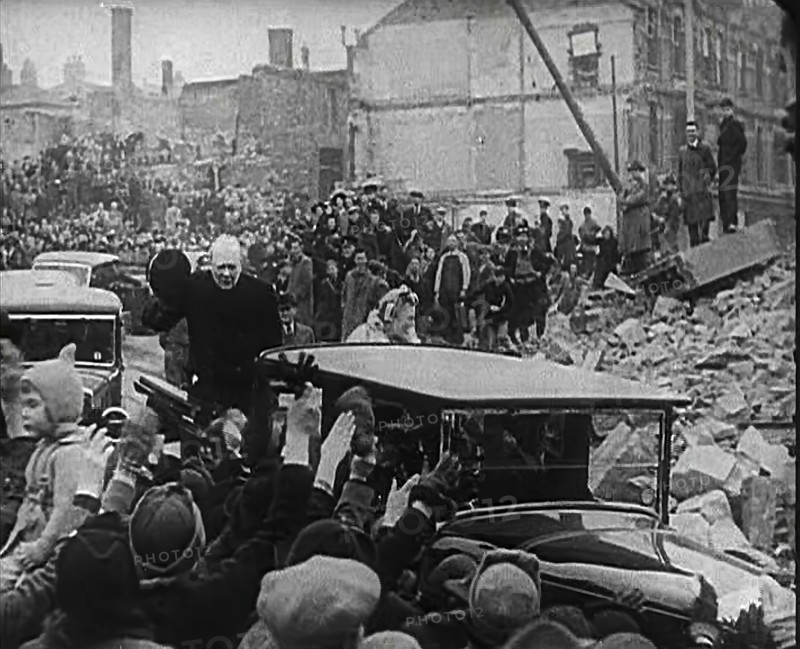 Winston Churchill and Clementine Churchill Driving Through Bombed Out Buildings, 1941. Creator: British Pathe Ltd.