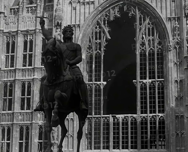 The Palace of Westminster and the Statue of Richard the Lionheart, Damaged by German Bombing, 1941. Creator: British Pathe Ltd.