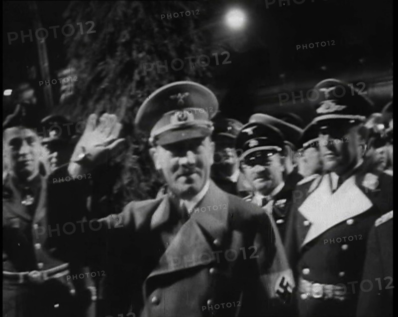 Adolf Hitler, the German Leader with Arm Raised in Salute With Various Male..., 1937. Creator: British Pathe Ltd.