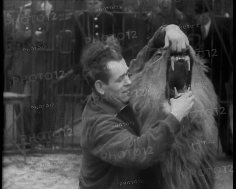 Man Opening a Lion’s Mouth, 1930s. Creator: British Pathe Ltd.