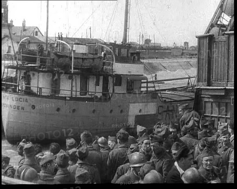 French Soldiers Boarding Ships in the Netherlands To Escape the Advancing German Army, 1940. Creator: British Pathe Ltd.