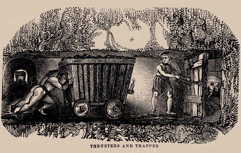 Child labour in coal mines: Two thrusters and a trapper in a coal mine, 1854. Creator: Anonymous ().