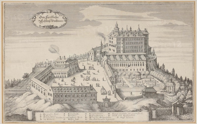 View of the Ambras Castle near Innsbruck in Tyrol, from: Topographia Provinciarum Austria..., 1649. Creator: Merian; Matthäus; the Elder (1593-1650).