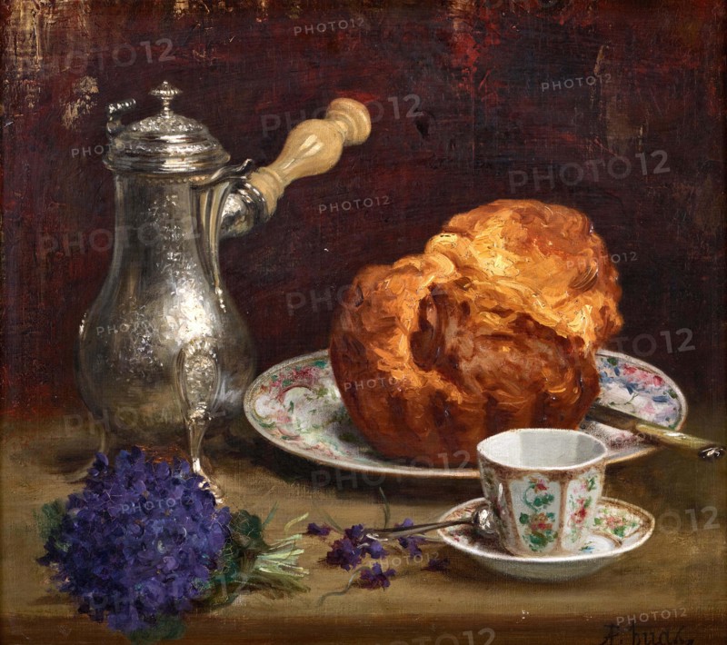 Still life with coffee pot, brioche, porcelain and bouquet of violets, . Creator: Huas; Pierre Adolphe (1838-1900).