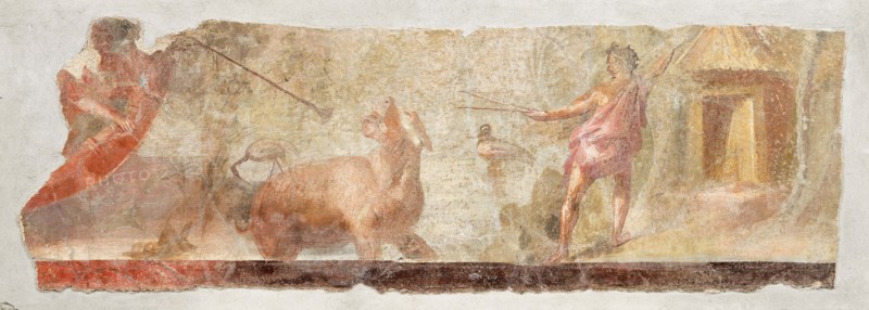 Hunting Hippos in a river landscape with two hunters, two water birds and a dwelling on..., 1st cent Creator: Roman-Pompeian wall painting ().