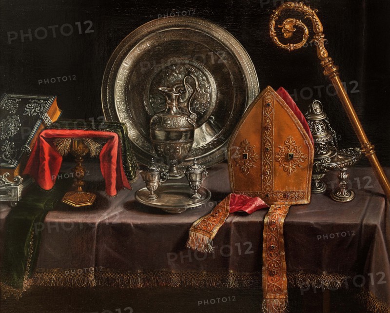Still life with Bishop Insignia and silver, First Half of 17th cen.. Creator: Barbieri; Paolo Antonio (1603-1649).