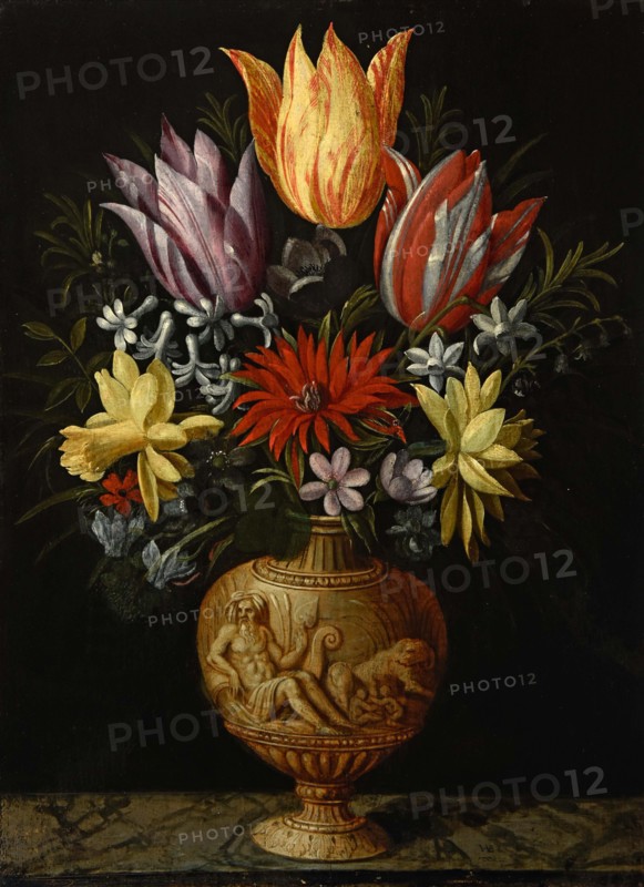 Flowers in a vase on a marble plinth, First Half of 17th cen.. Creator: Borcht; Hendrik van der; the Elder (1583-1651).