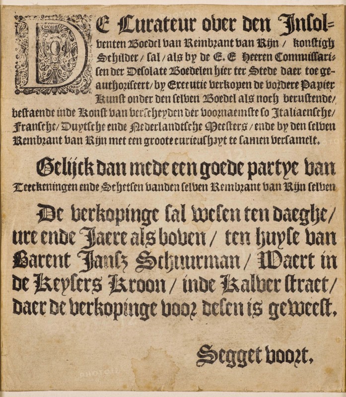 Curateur over the insolvent estate of Rembrandt van Rijn. Announcement of the auction..., 1658. Creator: Historic Object ().