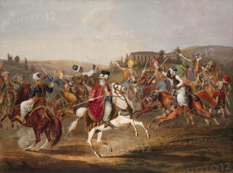 Ottoman Horsemen at the Game of Jereed, 1835. Creator: Hoelzel; Tomas (1788-1840).