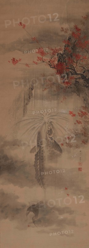 A carp climbing up a waterfall, 1870. Creator: Seitei (Shotei); Watanabe (1851-1918).